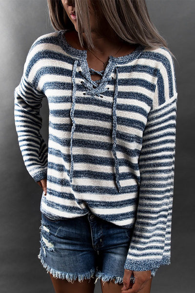 Womens Striped Lace Up Notch Neck Knit Sweater – PinkQueenShop