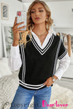 LC27041-2-S, LC27041-2-M, LC27041-2-L, LC27041-2-XL, LC27041-2-2XL, Black  V Neck Contrast Stripes Trims Short Sleeve Sweater