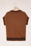 LC27041-1017-S, LC27041-1017-M, LC27041-1017-L, LC27041-1017-XL, LC27041-1017-2XL, Brown  V Neck Contrast Stripes Trims Short Sleeve Sweater