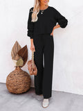 LC275002-2-S, LC275002-2-M, LC275002-2-L, LC275002-2-XL, Black Women's 2 Piece Outfit Sweater Set Long Sleeve Crop Knit Top and Wide Leg Long Pants Sweatsuit