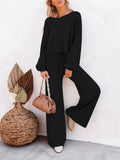 LC275002-2-S, LC275002-2-M, LC275002-2-L, LC275002-2-XL, Black Women's 2 Piece Outfit Sweater Set Long Sleeve Crop Knit Top and Wide Leg Long Pants Sweatsuit