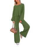 LC275002-209-S, LC275002-209-M, LC275002-209-L, LC275002-209-XL, Light green Women's 2 Piece Outfit Sweater Set Long Sleeve Crop Knit Top and Wide Leg Long Pants Sweatsuit