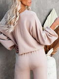 LC275002-18-S, LC275002-18-M, LC275002-18-L, LC275002-18-XL, Apricot Women's 2 Piece Outfit Sweater Set Long Sleeve Crop Knit Top and Wide Leg Long Pants Sweatsuit