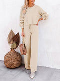 LC275002-15-S, LC275002-15-M, LC275002-15-L, LC275002-15-XL, Beige Women's 2 Piece Outfit Sweater Set Long Sleeve Crop Knit Top and Wide Leg Long Pants Sweatsuit