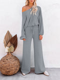 LC275002-11-S, LC275002-11-M, LC275002-11-L, LC275002-11-XL, Grey Women's 2 Piece Outfit Sweater Set Long Sleeve Crop Knit Top and Wide Leg Long Pants Sweatsuit