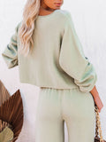 LC275002-9-S, LC275002-9-M, LC275002-9-L, LC275002-9-XL, Green Women's 2 Piece Outfit Sweater Set Long Sleeve Crop Knit Top and Wide Leg Long Pants Sweatsuit