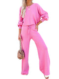 LC275002-6-S, LC275002-6-M, LC275002-6-L, LC275002-6-XL, Rose Red Women's 2 Piece Outfit Sweater Set Long Sleeve Crop Knit Top and Wide Leg Long Pants Sweatsuit