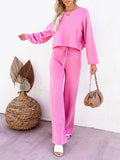 LC275002-6-S, LC275002-6-M, LC275002-6-L, LC275002-6-XL, Rose Red Women's 2 Piece Outfit Sweater Set Long Sleeve Crop Knit Top and Wide Leg Long Pants Sweatsuit