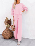 LC275002-10-S, LC275002-10-M, LC275002-10-L, LC275002-10-XL, Pink Women's 2 Piece Outfit Sweater Set Long Sleeve Crop Knit Top and Wide Leg Long Pants Sweatsuit