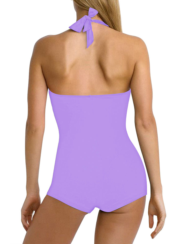 Women's One Piece Tummy Control Swimwear Boyleg Backless Ruched