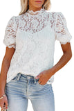 LC25114586-1-S, LC25114586-1-M, LC25114586-1-L, LC25114586-1-XL, LC25114586-1-2XL, White High Neck Lace Short Sleeve Top