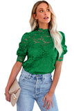 LC25114586-9-S, LC25114586-9-M, LC25114586-9-L, LC25114586-9-XL, LC25114586-9-2XL, Green High Neck Lace Short Sleeve Top