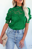 LC25114586-9-S, LC25114586-9-M, LC25114586-9-L, LC25114586-9-XL, LC25114586-9-2XL, Green High Neck Lace Short Sleeve Top