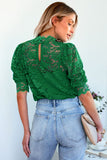 LC25114586-9-S, LC25114586-9-M, LC25114586-9-L, LC25114586-9-XL, LC25114586-9-2XL, Green High Neck Lace Short Sleeve Top