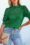 LC25114586-9-S, LC25114586-9-M, LC25114586-9-L, LC25114586-9-XL, LC25114586-9-2XL, Green High Neck Lace Short Sleeve Top