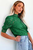 LC25114586-9-S, LC25114586-9-M, LC25114586-9-L, LC25114586-9-XL, LC25114586-9-2XL, Green High Neck Lace Short Sleeve Top