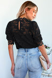 LC25114586-2-S, LC25114586-2-M, LC25114586-2-L, LC25114586-2-XL, LC25114586-2-2XL, Black High Neck Lace Short Sleeve Top