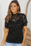 LC25114586-2-S, LC25114586-2-M, LC25114586-2-L, LC25114586-2-XL, LC25114586-2-2XL, Black High Neck Lace Short Sleeve Top