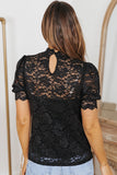 LC25114586-2-S, LC25114586-2-M, LC25114586-2-L, LC25114586-2-XL, LC25114586-2-2XL, Black High Neck Lace Short Sleeve Top