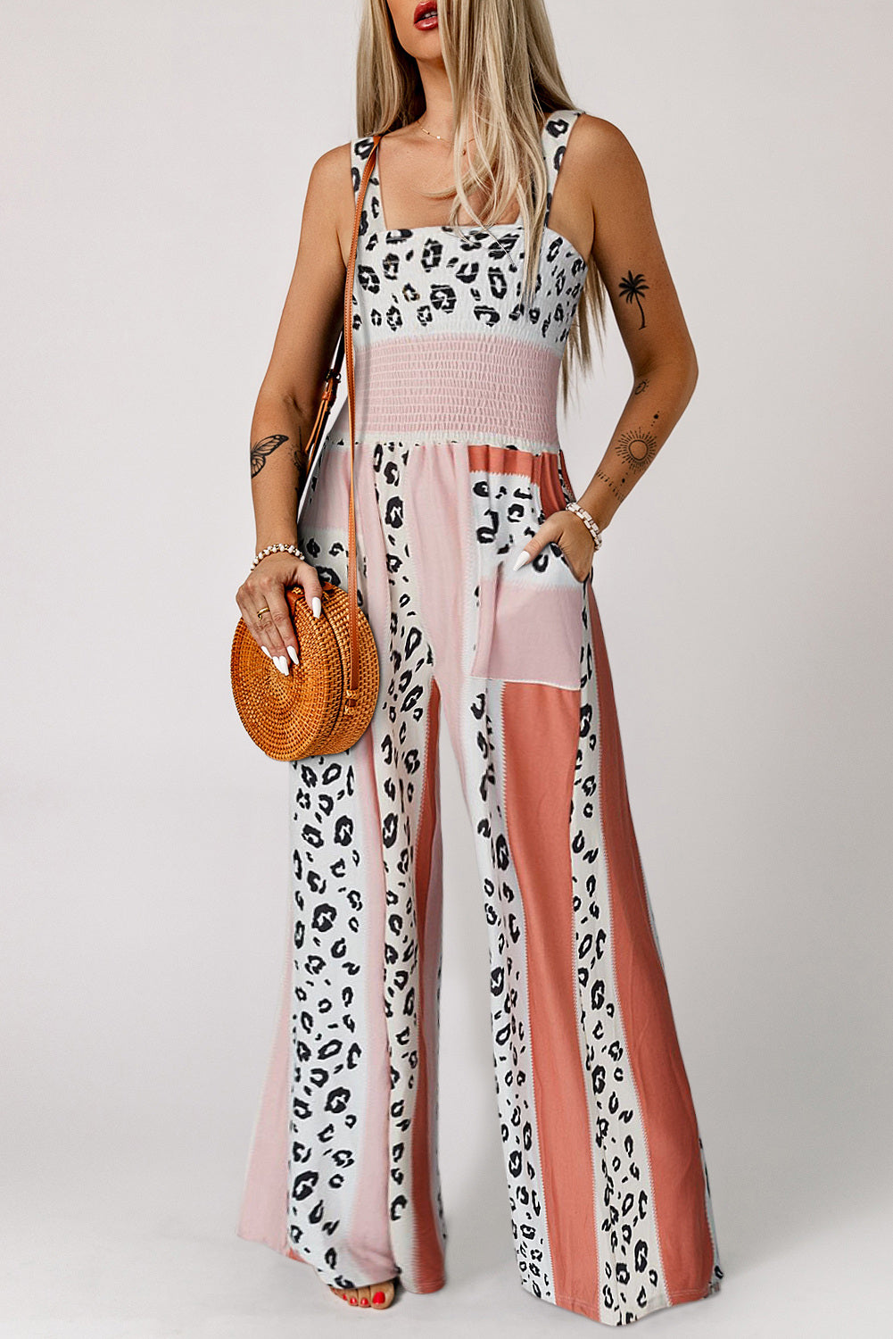 Women's Leopard Color Block Smocked Waist Jumpsuit with Pockets –  PinkQueenShop