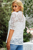 LC25114586-1-S, LC25114586-1-M, LC25114586-1-L, LC25114586-1-XL, LC25114586-1-2XL, White High Neck Lace Short Sleeve Top