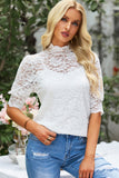 LC25114586-1-S, LC25114586-1-M, LC25114586-1-L, LC25114586-1-XL, LC25114586-1-2XL, White High Neck Lace Short Sleeve Top