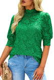 LC25114586-9-S, LC25114586-9-M, LC25114586-9-L, LC25114586-9-XL, LC25114586-9-2XL, Green High Neck Lace Short Sleeve Top