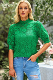 LC25114586-9-S, LC25114586-9-M, LC25114586-9-L, LC25114586-9-XL, LC25114586-9-2XL, Green High Neck Lace Short Sleeve Top