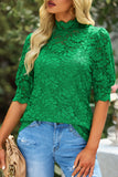 LC25114586-9-S, LC25114586-9-M, LC25114586-9-L, LC25114586-9-XL, LC25114586-9-2XL, Green High Neck Lace Short Sleeve Top