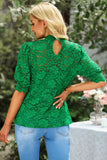 LC25114586-9-S, LC25114586-9-M, LC25114586-9-L, LC25114586-9-XL, LC25114586-9-2XL, Green High Neck Lace Short Sleeve Top