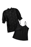 LC25114586-2-S, LC25114586-2-M, LC25114586-2-L, LC25114586-2-XL, LC25114586-2-2XL, Black High Neck Lace Short Sleeve Top