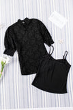 LC25114586-2-S, LC25114586-2-M, LC25114586-2-L, LC25114586-2-XL, LC25114586-2-2XL, Black High Neck Lace Short Sleeve Top