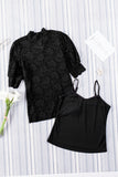 LC25114586-2-S, LC25114586-2-M, LC25114586-2-L, LC25114586-2-XL, LC25114586-2-2XL, Black High Neck Lace Short Sleeve Top