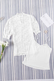 LC25114586-1-S, LC25114586-1-M, LC25114586-1-L, LC25114586-1-XL, LC25114586-1-2XL, White High Neck Lace Short Sleeve Top