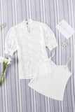 LC25114586-1-S, LC25114586-1-M, LC25114586-1-L, LC25114586-1-XL, LC25114586-1-2XL, White High Neck Lace Short Sleeve Top