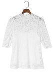 LC25114586-1-S, LC25114586-1-M, LC25114586-1-L, LC25114586-1-XL, LC25114586-1-2XL, White High Neck Lace Short Sleeve Top