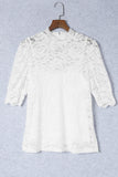 LC25114586-1-S, LC25114586-1-M, LC25114586-1-L, LC25114586-1-XL, LC25114586-1-2XL, White High Neck Lace Short Sleeve Top