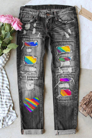 Boyfriend Jeans for Women Ripped Hole Rainbow Tie Dye Patch Straight Denim  Pants (S, Rainbow) at  Women's Jeans store