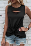 LC2569522-2-S, LC2569522-2-M, LC2569522-2-L, LC2569522-2-XL, Black Laser Cut Slits Twist Front Tank Top