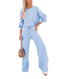 LC275002-4-S, LC275002-4-M, LC275002-4-L, LC275002-4-XL, Sky Blue Women's 2 Piece Outfit Sweater Set Long Sleeve Crop Knit Top and Wide Leg Long Pants Sweatsuit