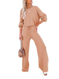 LC275002-21-S, LC275002-21-M, LC275002-21-L, LC275002-21-XL, Nude Women's 2 Piece Outfit Sweater Set Long Sleeve Crop Knit Top and Wide Leg Long Pants Sweatsuit