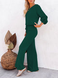 LC275002-409-S, LC275002-409-M, LC275002-409-L, LC275002-409-XL, Dark Green Women's 2 Piece Outfit Sweater Set Long Sleeve Crop Knit Top and Wide Leg Long Pants Sweatsuit