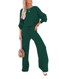 LC275002-409-S, LC275002-409-M, LC275002-409-L, LC275002-409-XL, Dark Green Women's 2 Piece Outfit Sweater Set Long Sleeve Crop Knit Top and Wide Leg Long Pants Sweatsuit