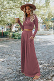 LC625150-10-S, LC625150-10-M, LC625150-10-L, LC625150-10-XL, Pink Solid Color Ribbed Crop Top Long Pants Set