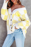 LC271943-7-S, LC271943-7-M, LC271943-7-L, LC271943-7-XL, LC271943-7-2XL, Yellow Contrast Checkered Print Button Up Sweater Cardigan 