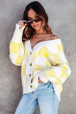 LC271943-7-S, LC271943-7-M, LC271943-7-L, LC271943-7-XL, LC271943-7-2XL, Yellow Contrast Checkered Print Button Up Sweater Cardigan 