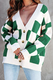 LC271943-9-S, LC271943-9-M, LC271943-9-L, LC271943-9-XL, LC271943-9-2XL, Green Contrast Checkered Print Button Up Sweater Cardigan 