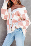 LC271943-10-S, LC271943-10-M, LC271943-10-L, LC271943-10-XL, LC271943-10-2XL, Pink Contrast Checkered Print Button Up Sweater Cardigan 