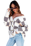 LC271943-11-S, LC271943-11-M, LC271943-11-L, LC271943-11-XL, LC271943-11-2XL, Gray Contrast Checkered Print Button Up Sweater Cardigan 