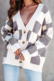 LC271943-11-S, LC271943-11-M, LC271943-11-L, LC271943-11-XL, LC271943-11-2XL, Gray Contrast Checkered Print Button Up Sweater Cardigan 